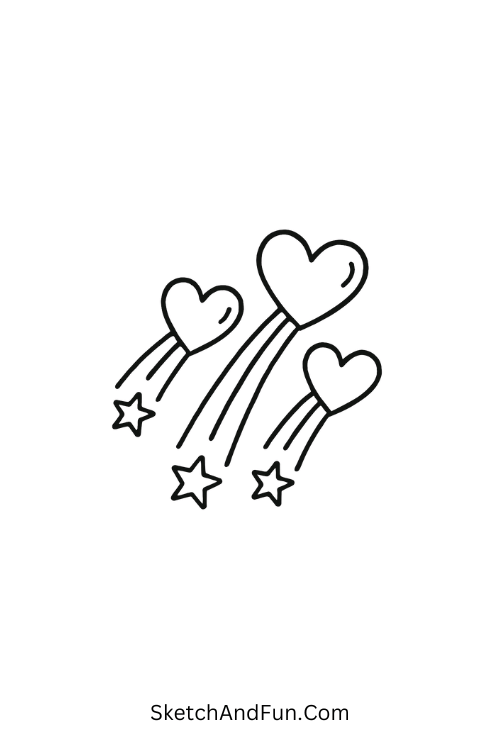 Heart leaving sparkling star trail, doodle love scenes for journals