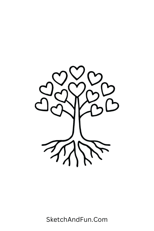 Tree with heart leaves, love doodles for him