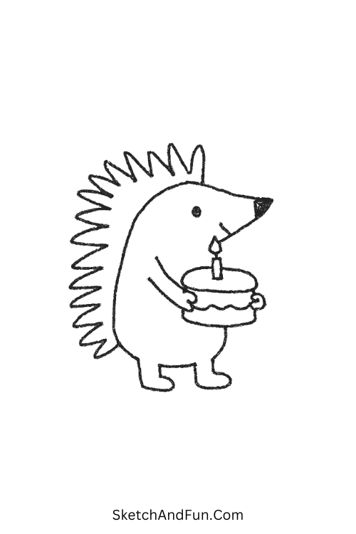 Hedgehog holding cake shown in simple cute funny drawing ideas