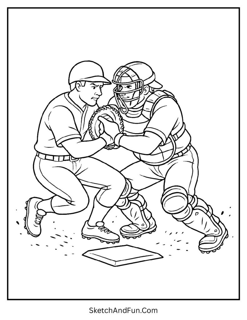 Home plate collision baseball coloring book pages action