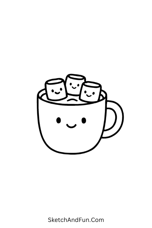 Cozy mug with marshmallows for hot chocolate drawing winter doodle