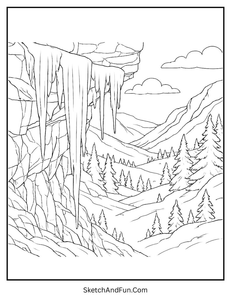 Icicle cliff scene for a winter snow landscape coloring page