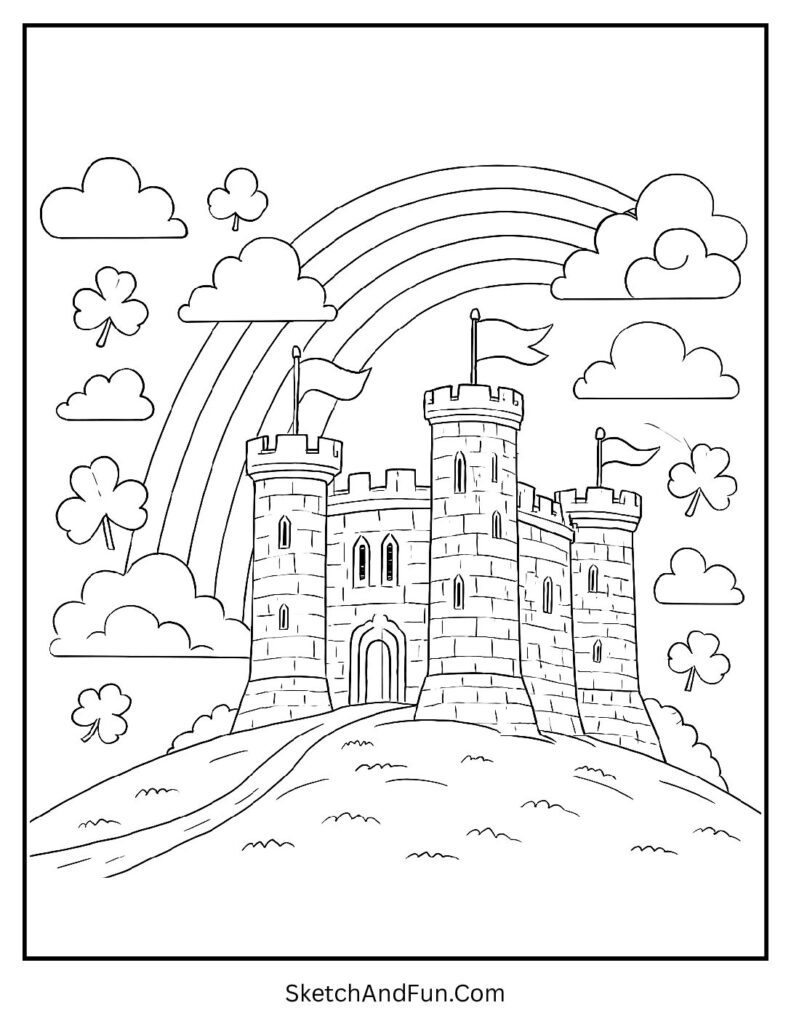 Irish castle under sky for Irish St Patrick’s Day coloring pages