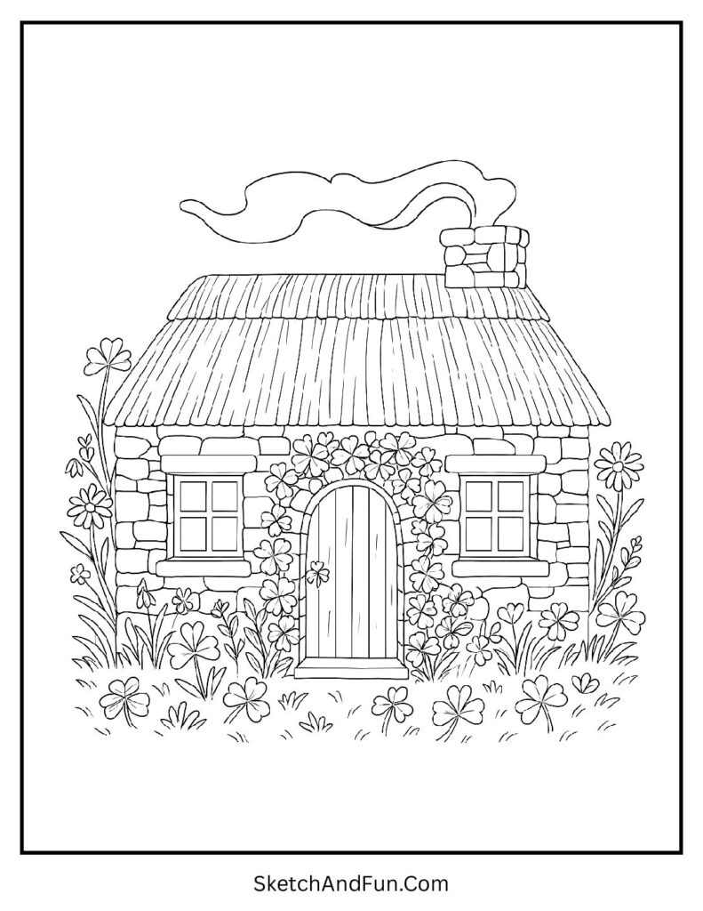 Irish cottage with chimney smoke for St Patrick’s Day holiday coloring pages
