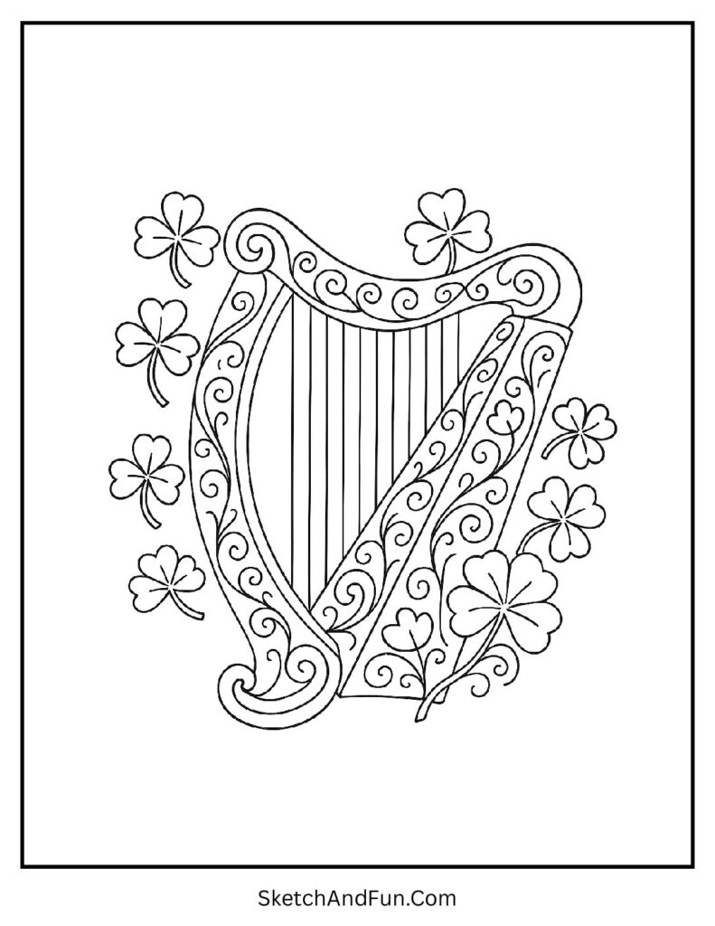 Irish harp with shamrocks for St Patrick’s Day coloring pages for art class