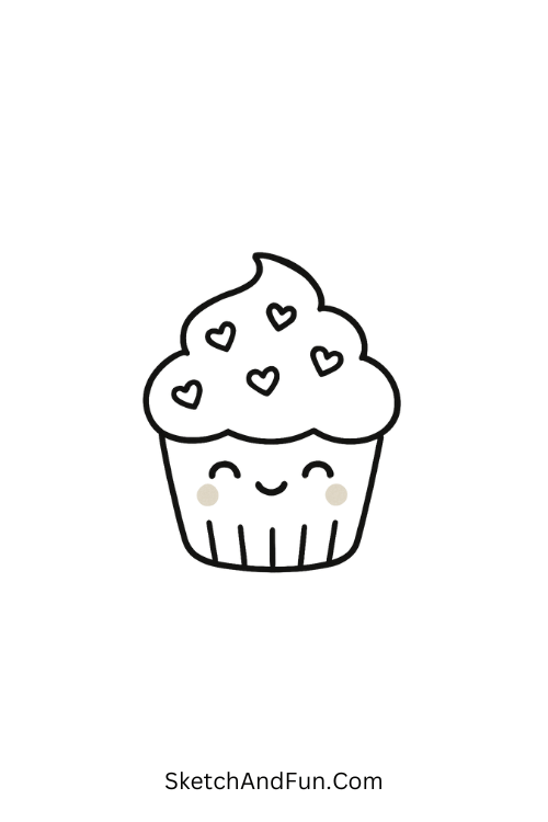 Smiling cupcake with heart sprinkles for kawaii valentine drawings
