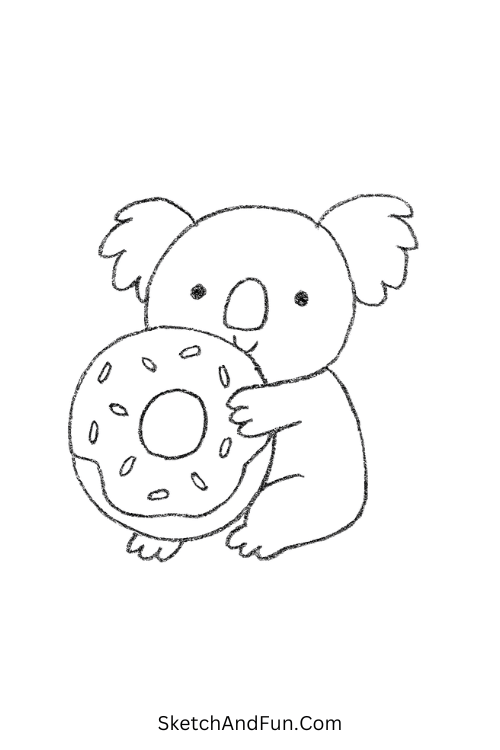 Koala with huge donut in cute easy funny drawings style
