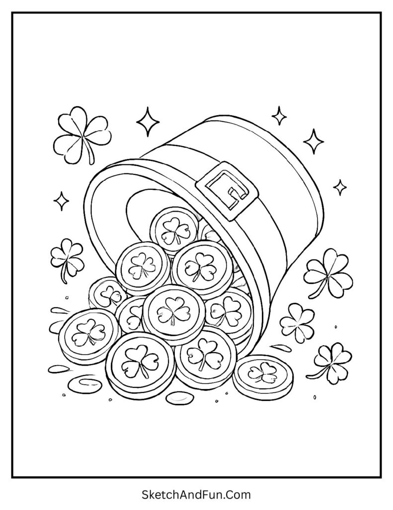 Leprechaun hat filled with gold for St Patrick’s Day coloring pages printable free