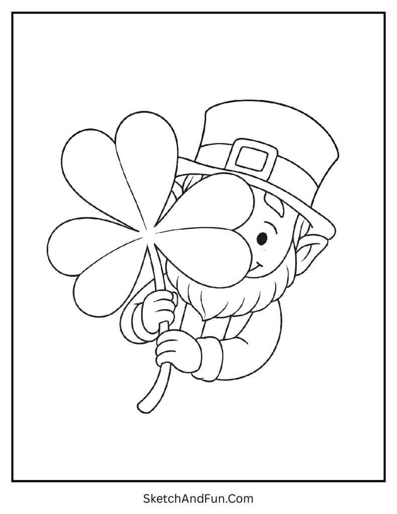 Leprechaun peeking behind clover for St Patrick coloring pages printable