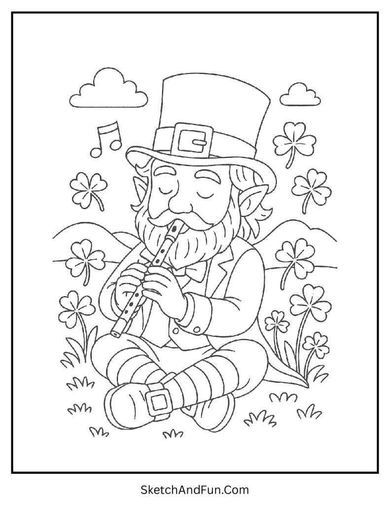 Leprechaun playing tin whistle for St Patrick’s Day art coloring pages