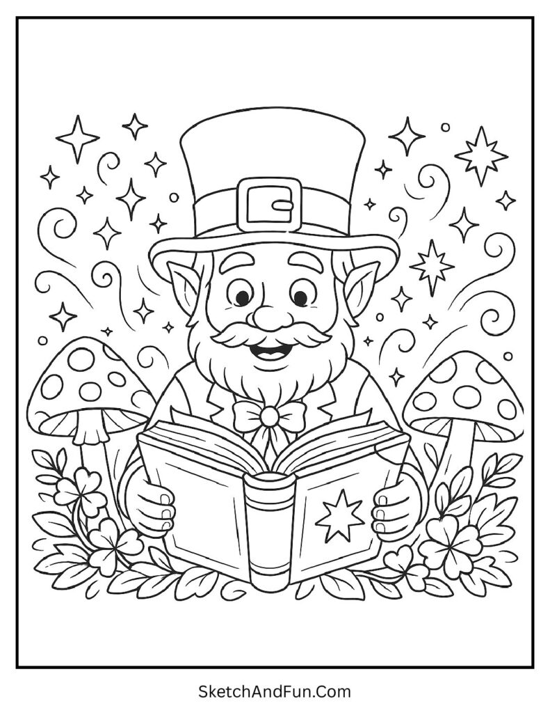 Leprechaun reading magic book for St Patrick’s Day coloring pages classroom