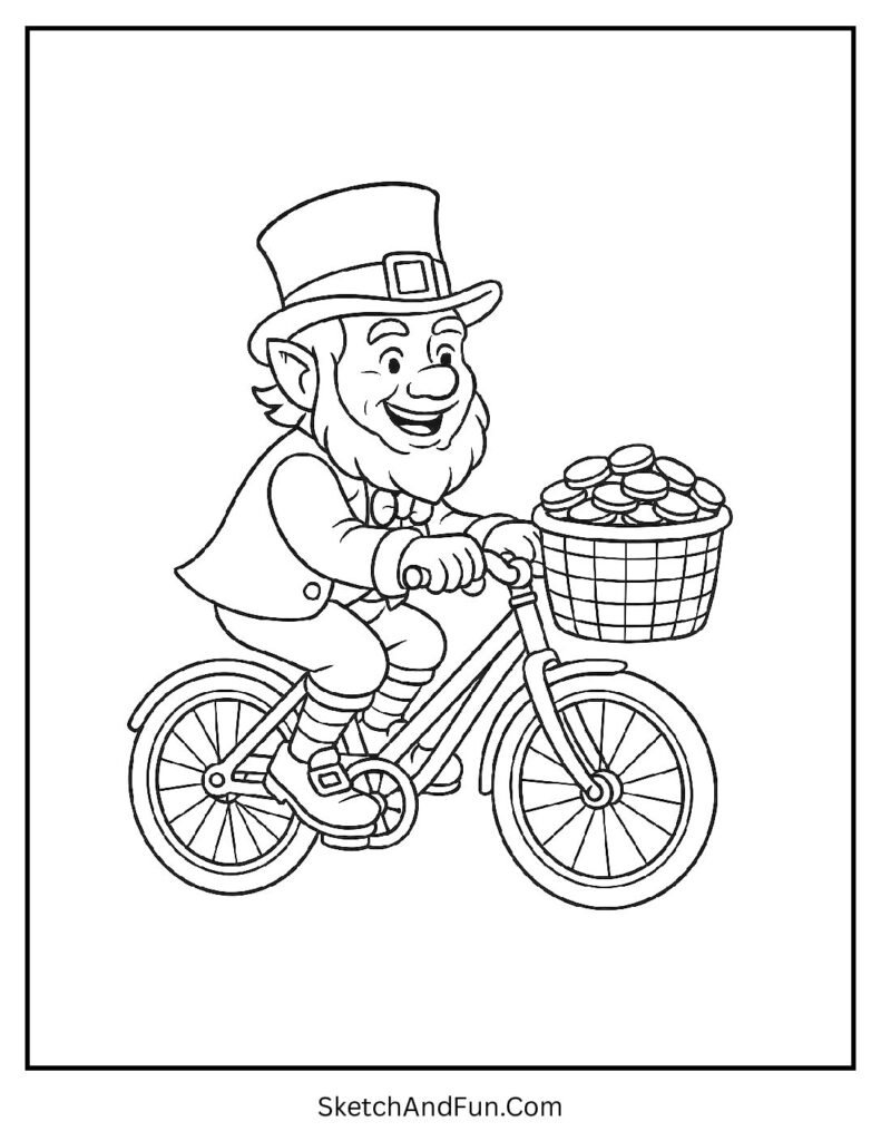 Leprechaun riding bicycle with gold for St Patrick’s Day coloring pages pdf