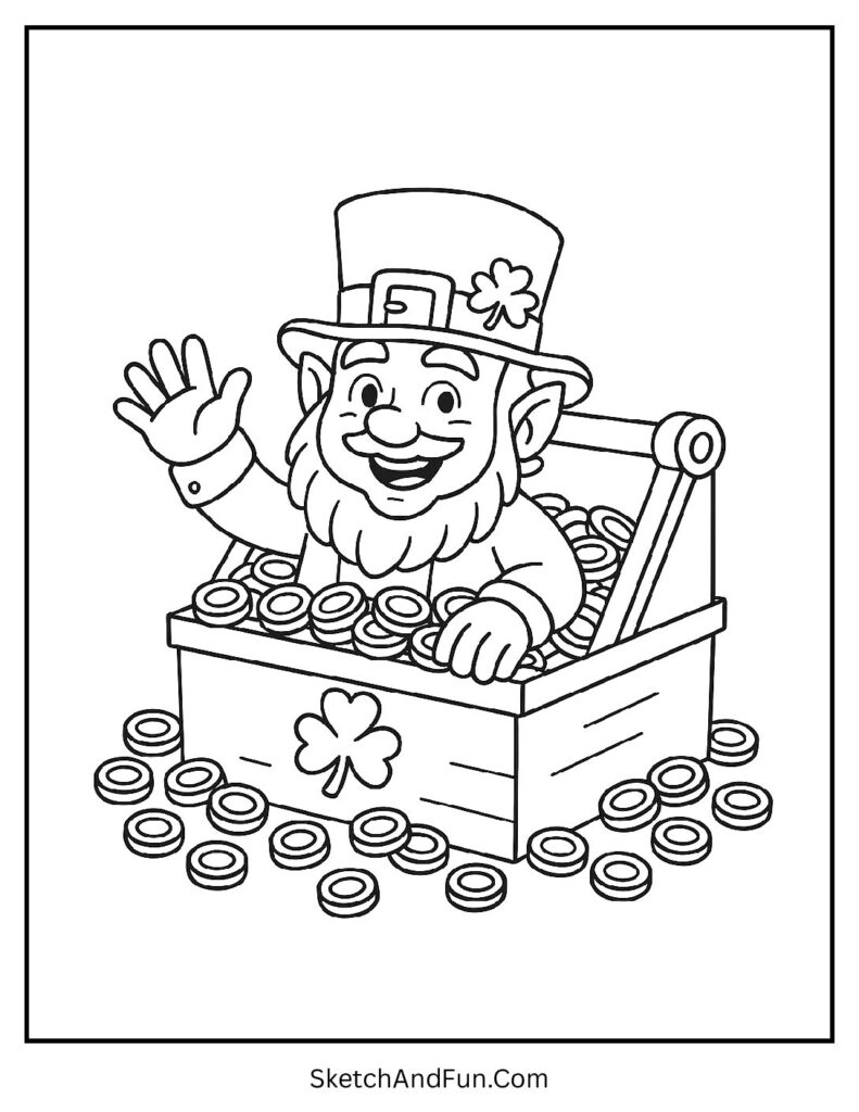 Leprechaun toolbox with gold for St Patrick’s Day coloring pages for school