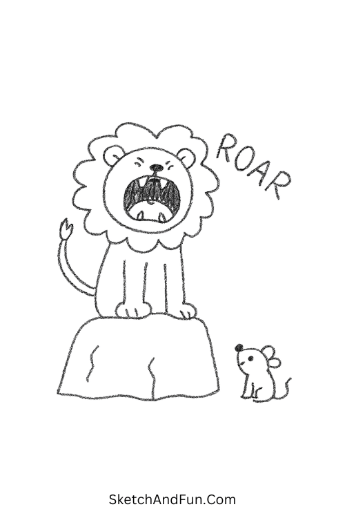 Lion scared of mouse shown with funny step by step drawing vibes