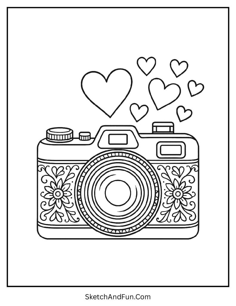 Camera capturing heart photos – Valentines day coloring pages no watermark