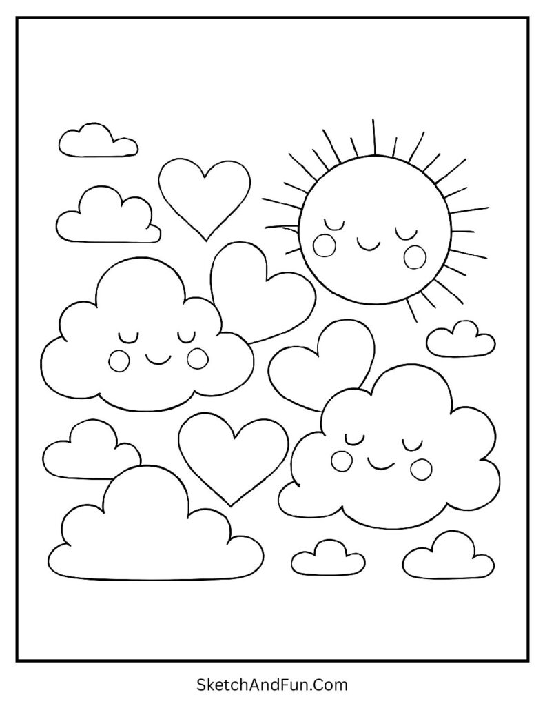 Smiling sun and clouds forming hearts – Valentines day coloring pages aesthetic