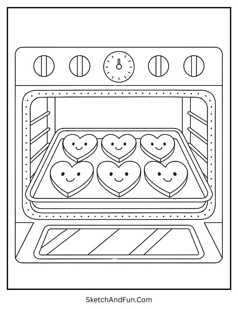 Heart cookies baking in oven – Valentines day coloring pages for art class