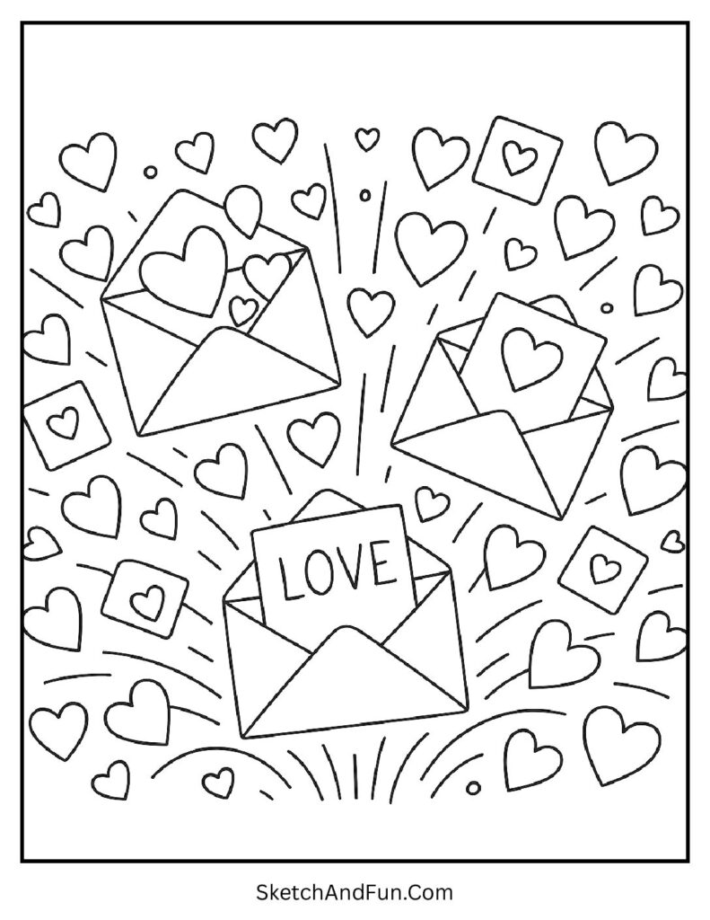 Envelopes with hearts flying out – Valentines day coloring pages easy