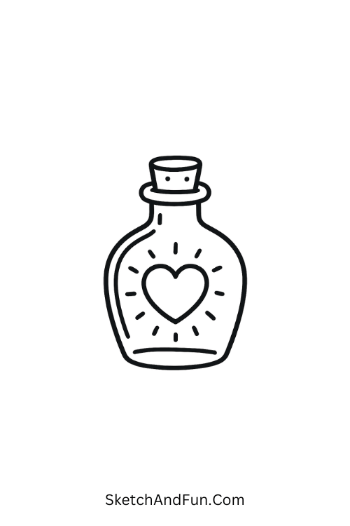 Tiny bottle with heart potion, doodle love scenes