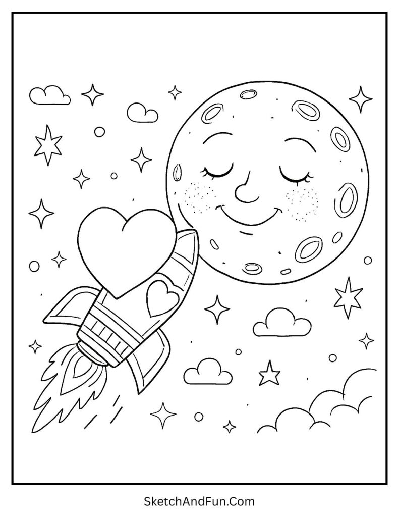 Heart rocket flying through space – Valentines day coloring pages black and white