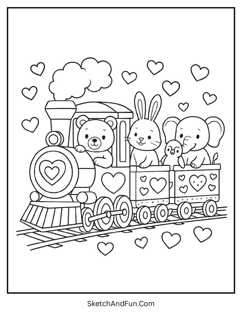 Animals riding heart train – Valentines day coloring pages animals