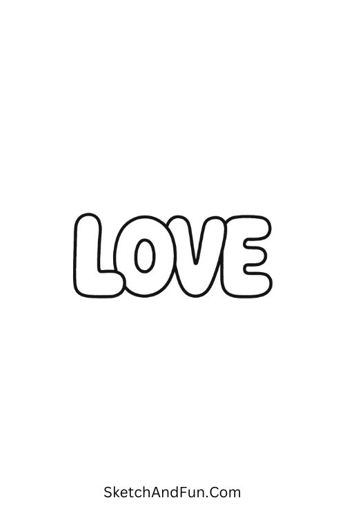 Love written in bubble letters for valentine’s day line drawing