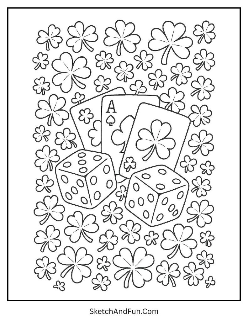 Lucky dice and cards for St Patrick’s Day coloring pages for elementary students