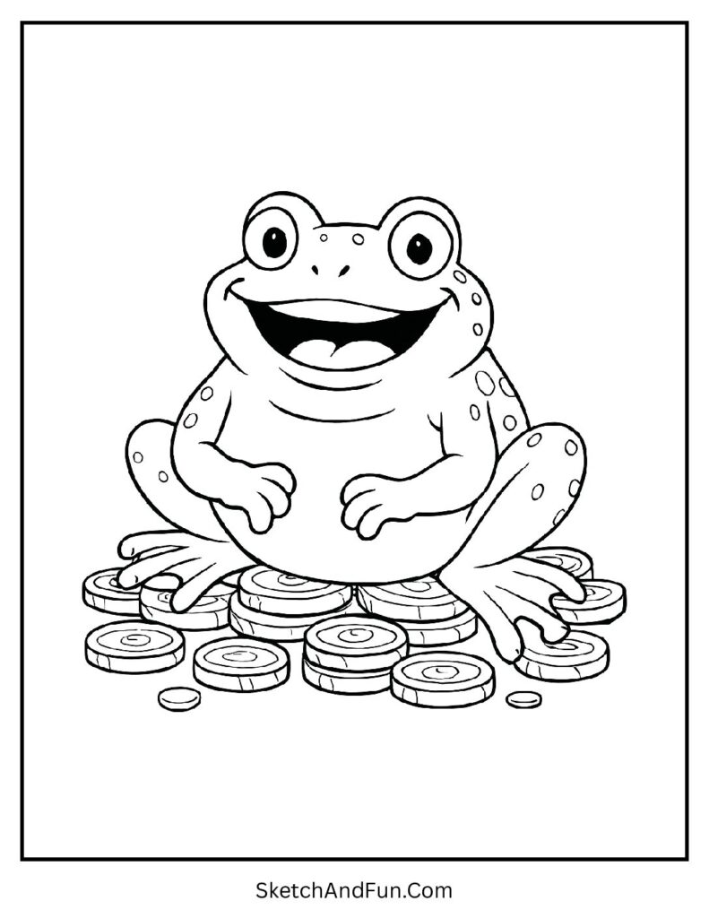 Lucky frog on gold coins for St Patrick’s Day coloring pages cartoon