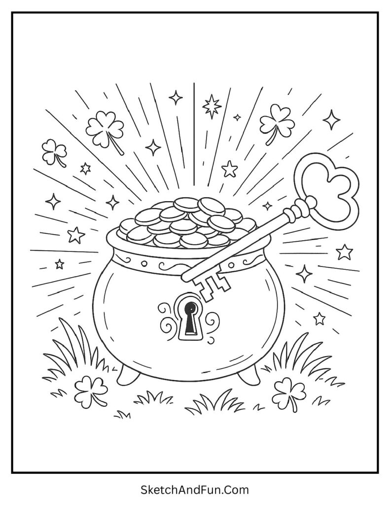 Lucky key unlocking pot of gold for St Patrick’s Day coloring pages creative