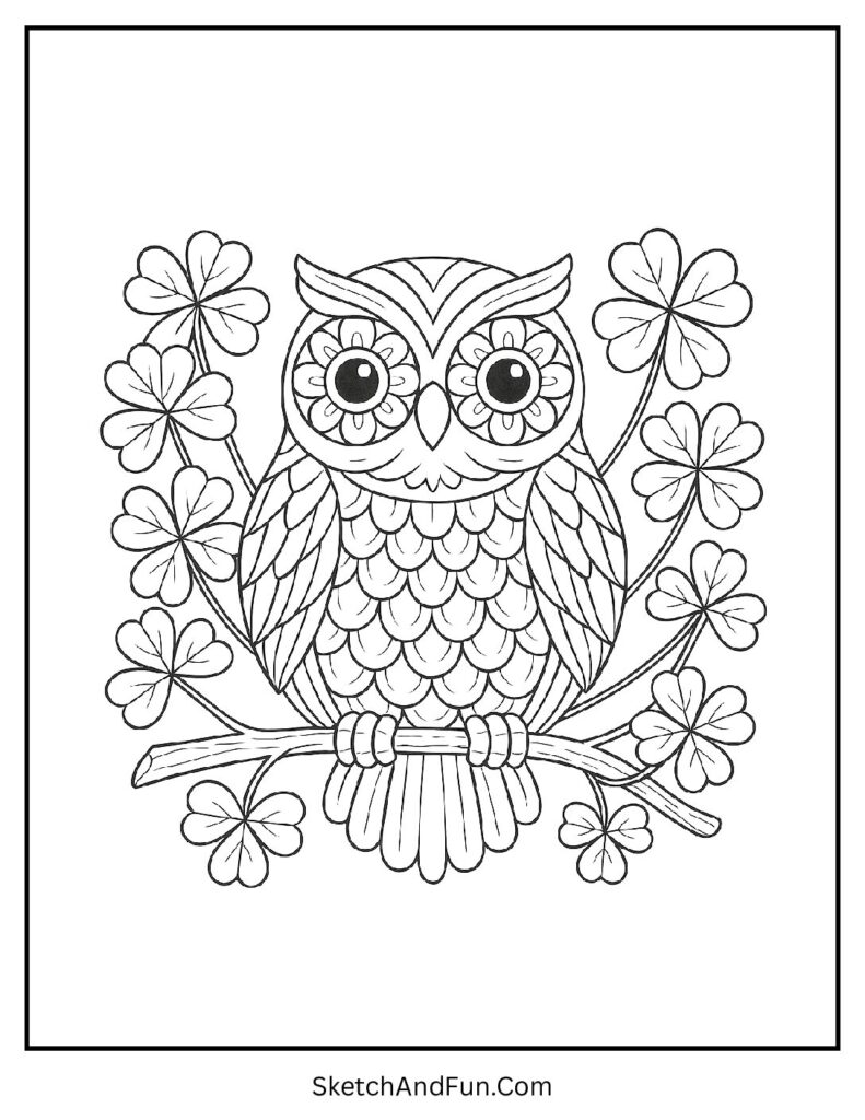 Lucky owl on clover branch for St Patrick’s Day coloring pages for homeschool