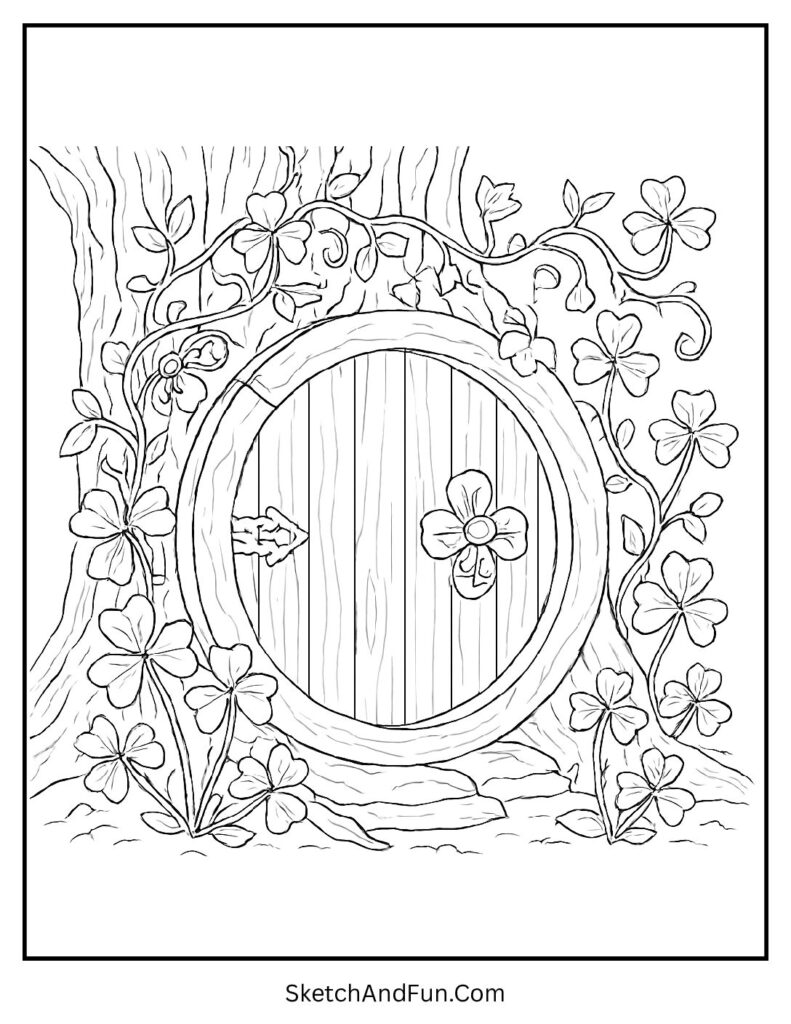 Magical leprechaun door in tree for St Patrick’s Day themed coloring pages