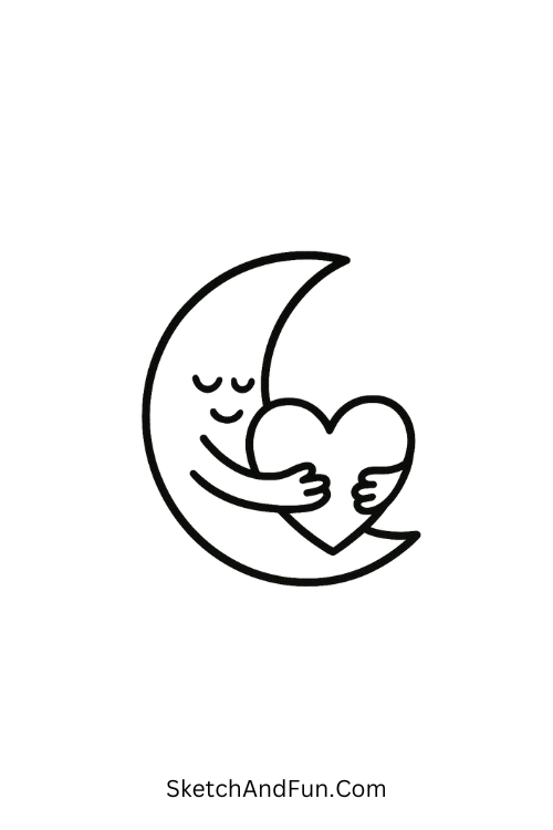 Crescent moon hugging heart for valentine’s day kids art ideas