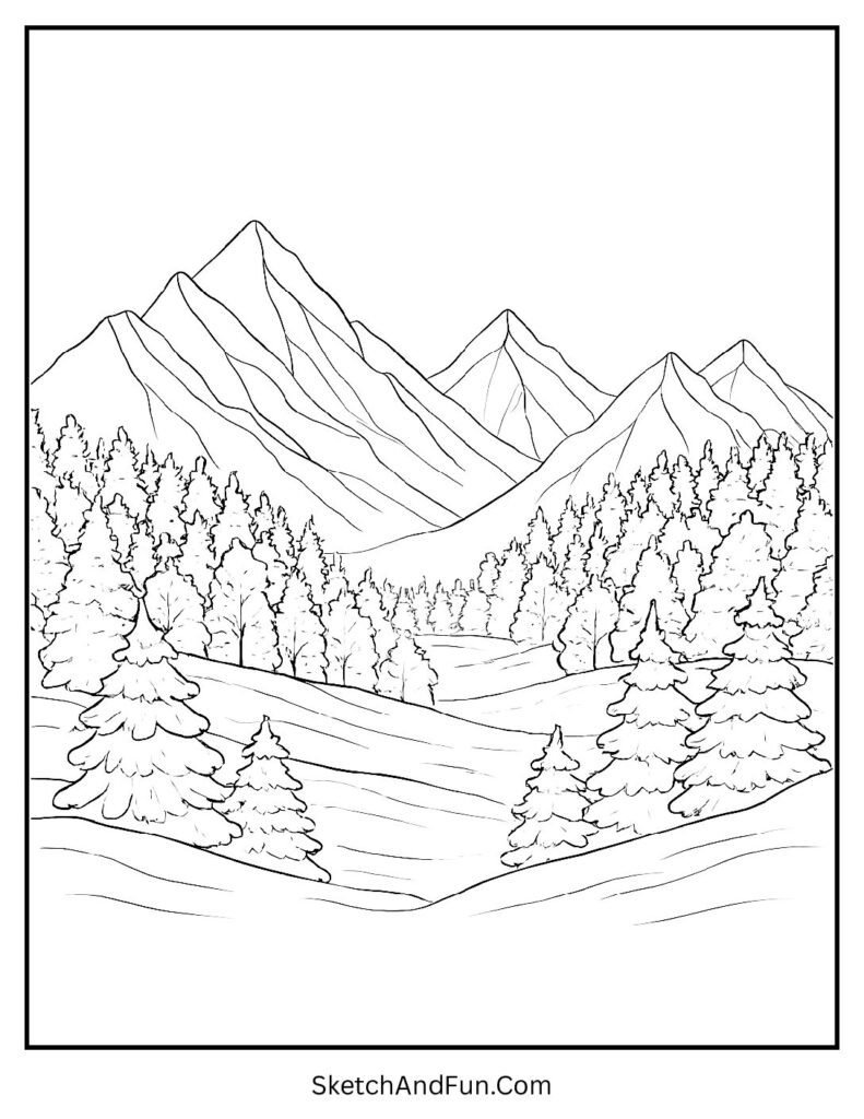 Mountain valley scene for a winter landscape coloring pages pdf