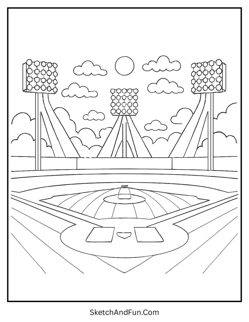 Night game lights baseball sports coloring pages scene