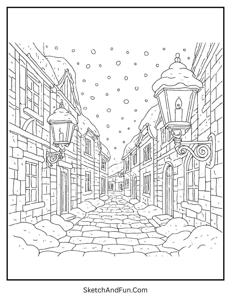 Lantern-lit street for winter coloring pages printable pdf free