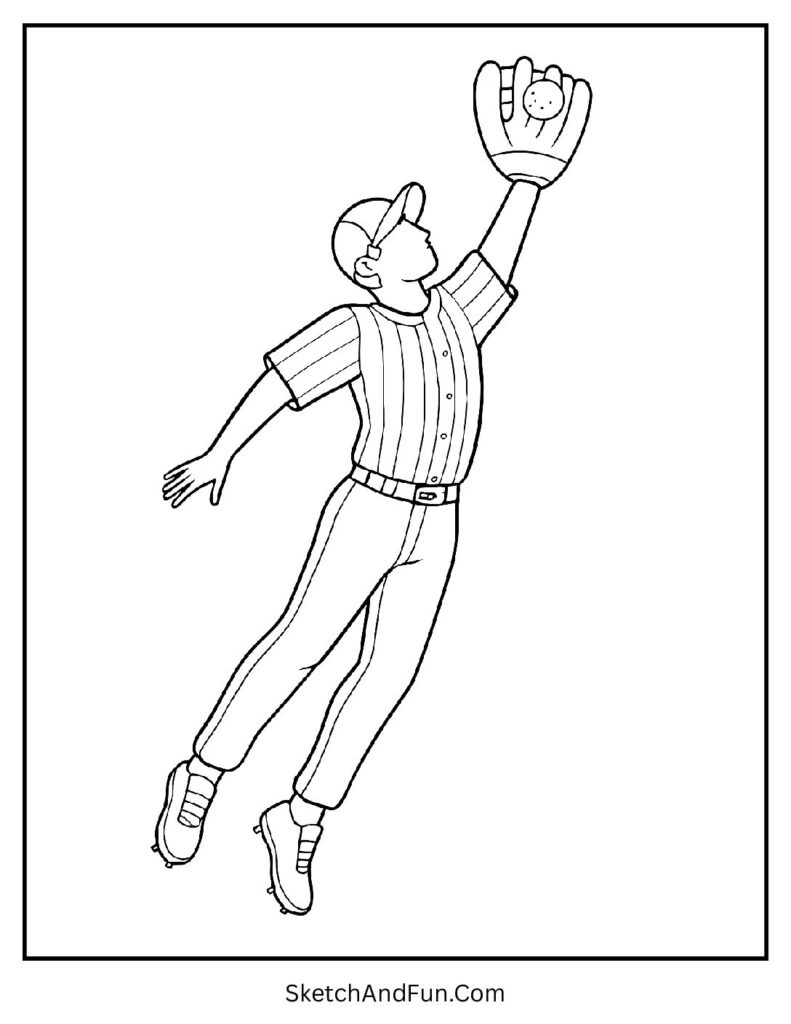 Outfielder leaping catch baseball coloring sheet pdf design