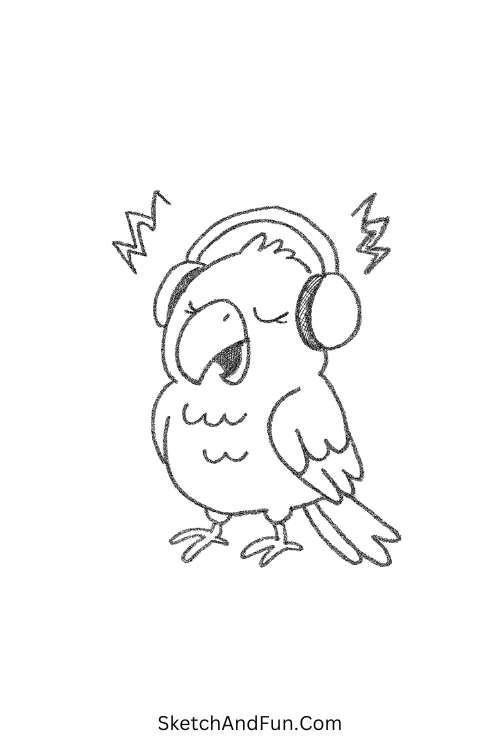 Parrot with headphones in funny cute doodles easy style