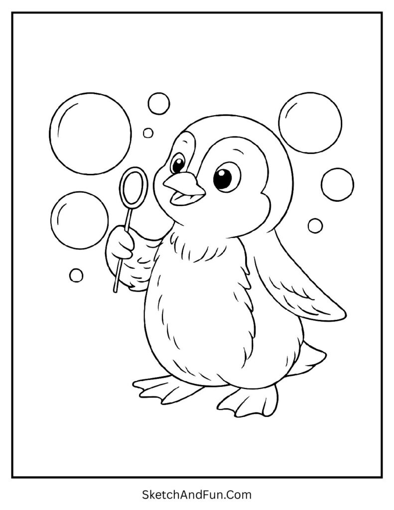 Penguin blowing bubbles in simple cute penguin coloring pages printables