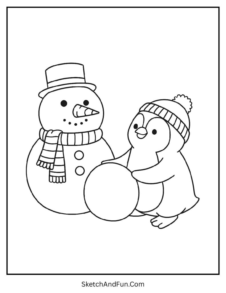 Penguin rolling snowballs in holiday penguin coloring pages printable
