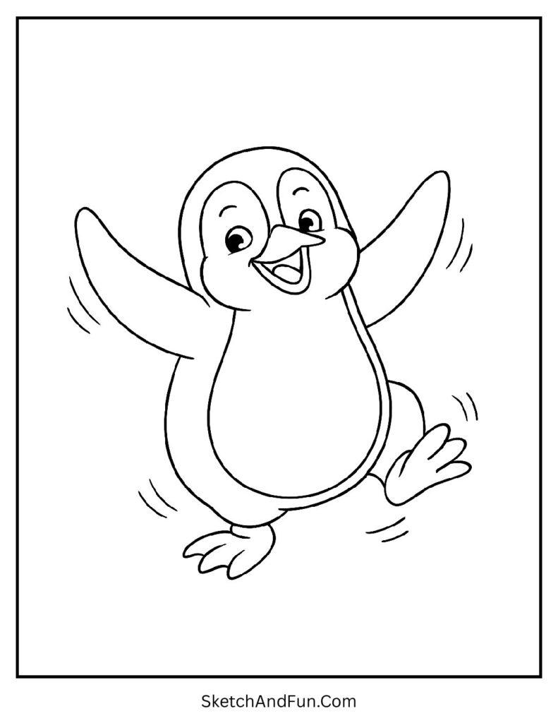 Dancing penguin flapping flippers in penguin coloring page cartoon style free printable