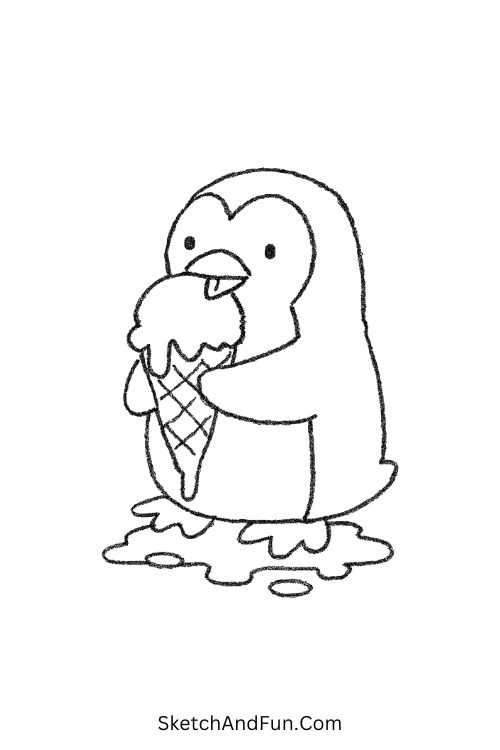 Penguin with melting ice cream in funny sketch ideas for kids style