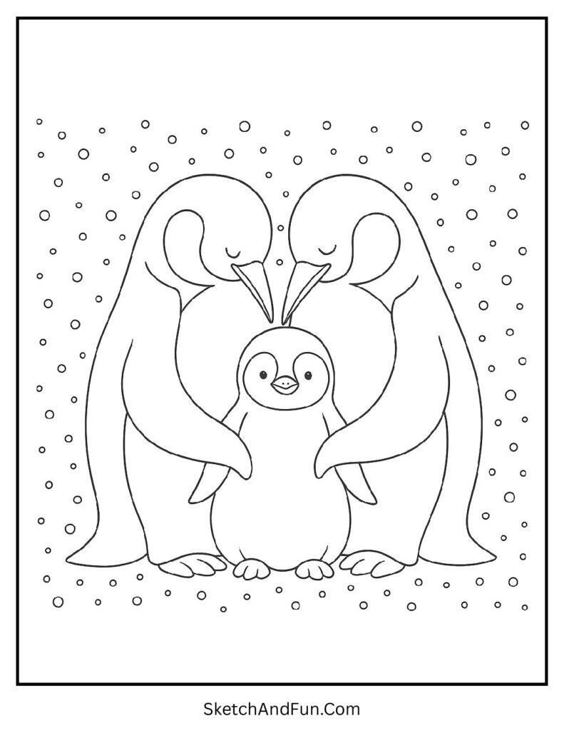 Penguin family cuddling chick in penguin family coloring sheet free