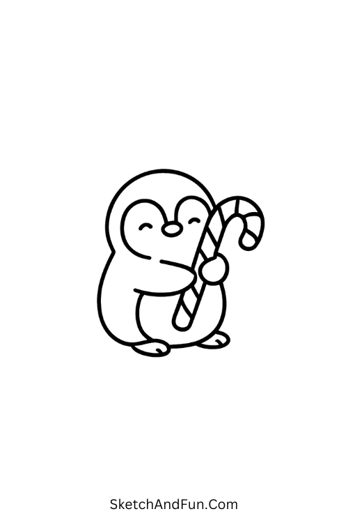Penguin hugging candy cane for winter drawing ideas pencil sketch