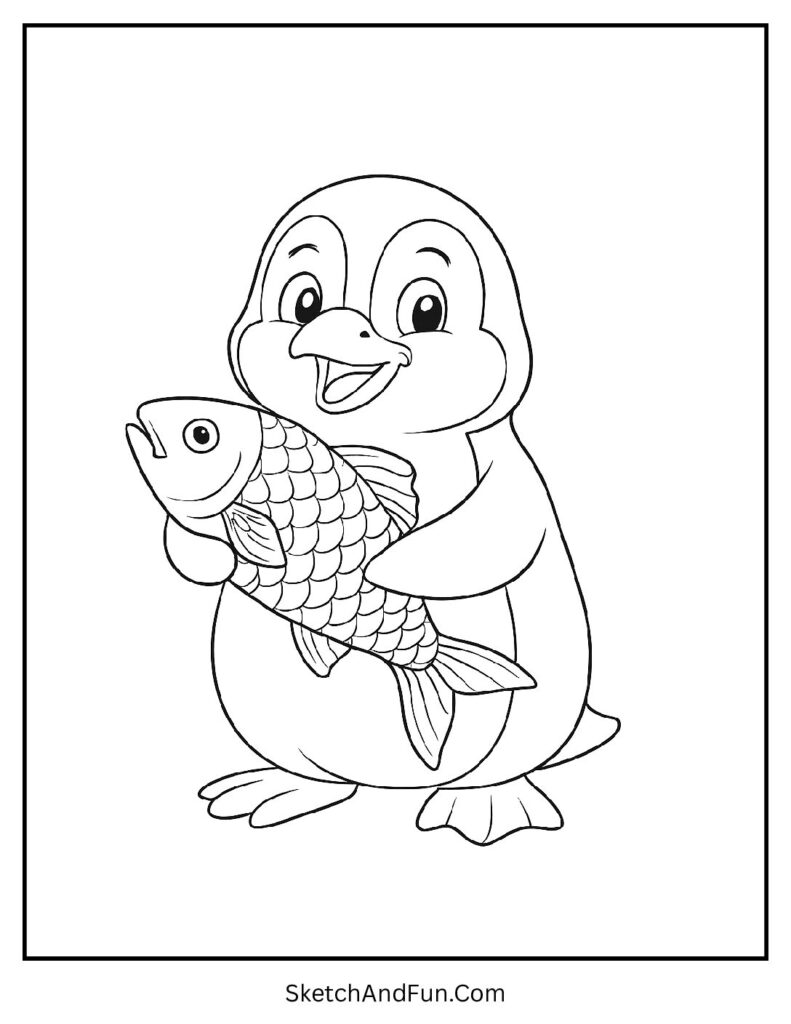 Happy penguin holding fish in penguin coloring pages animals theme