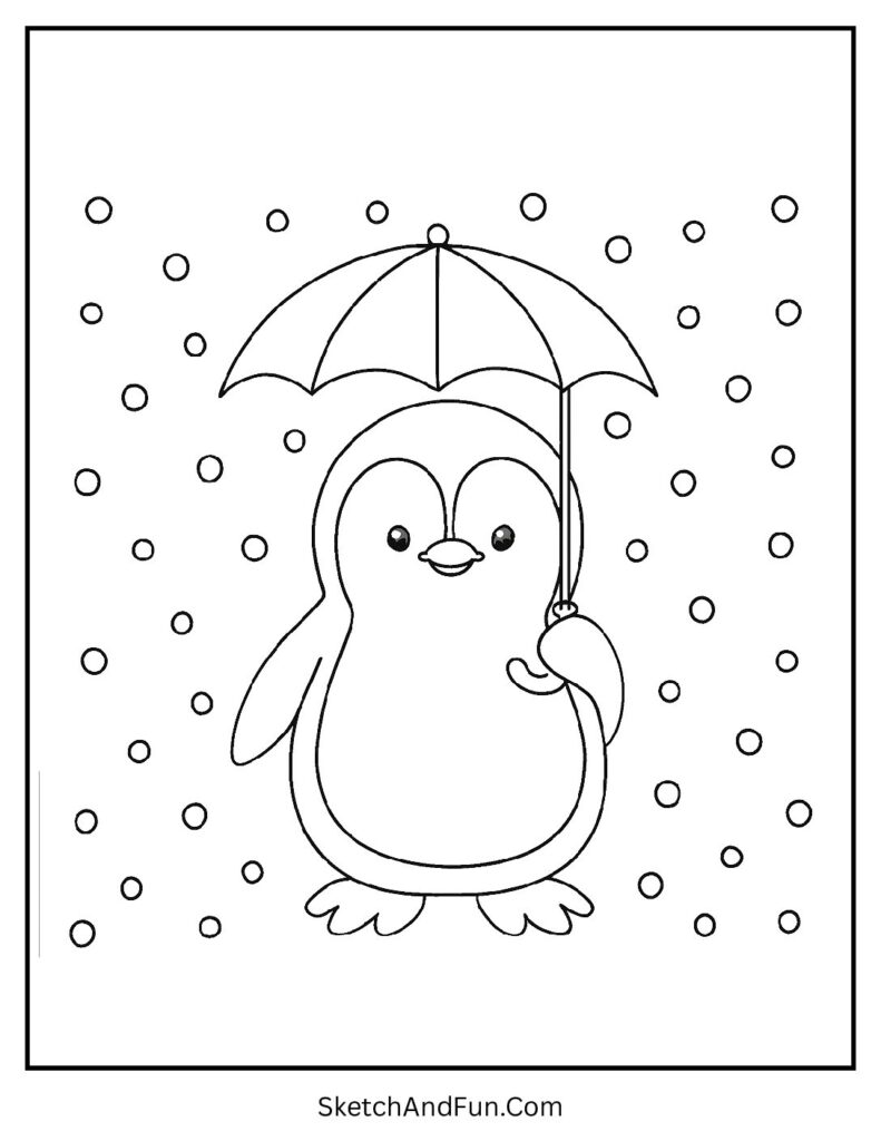 Penguin under snowy shower in penguin coloring page easy to color
