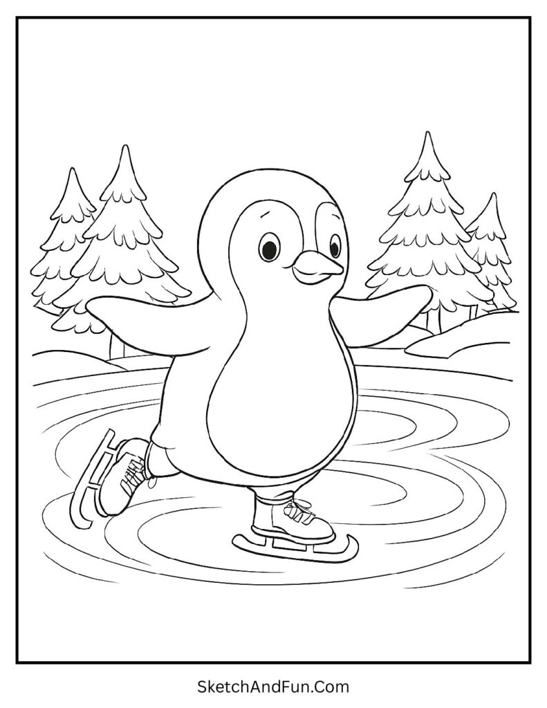 Penguin gliding on ice in penguin coloring page for kindergarten