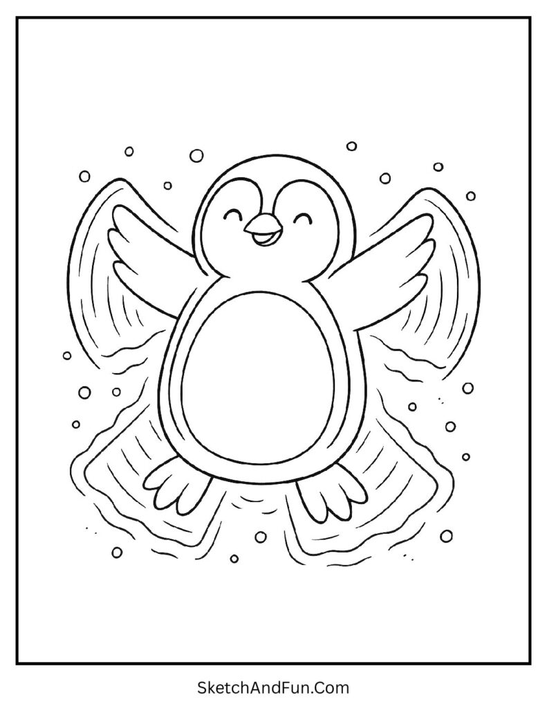 Penguin making snow angel in black and white penguin coloring sheet for kids