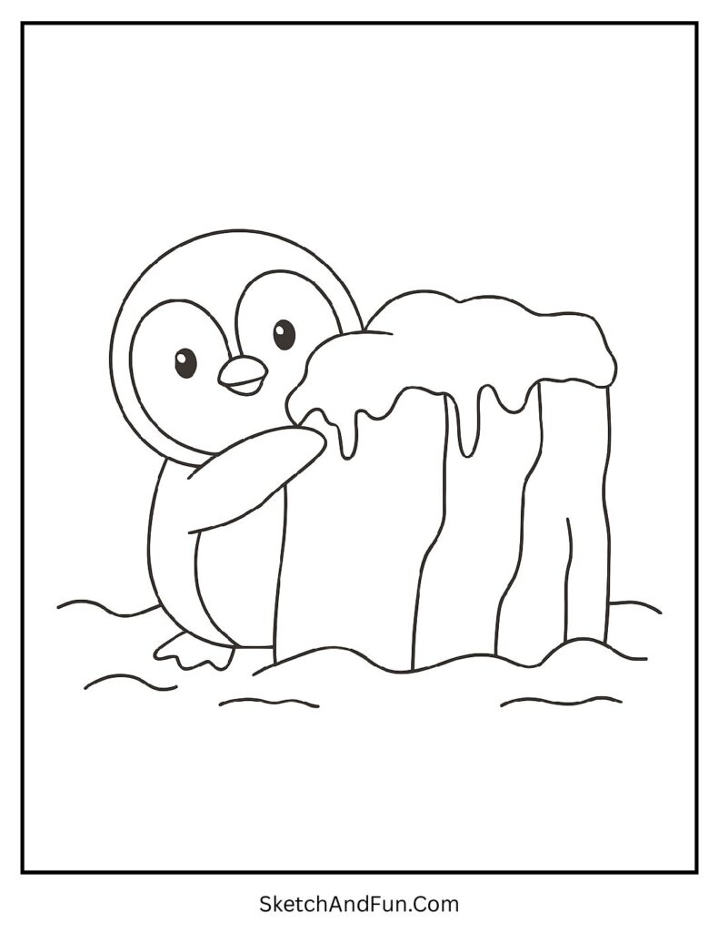 Penguin hiding behind ice block in penguin coloring pages with snow background