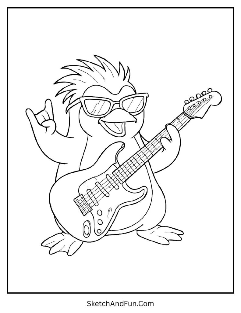 Rockstar penguin playing guitar in penguin coloring page pdf download