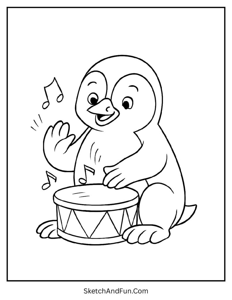 Musical penguin playing drum in penguin coloring page cartoon style free printable